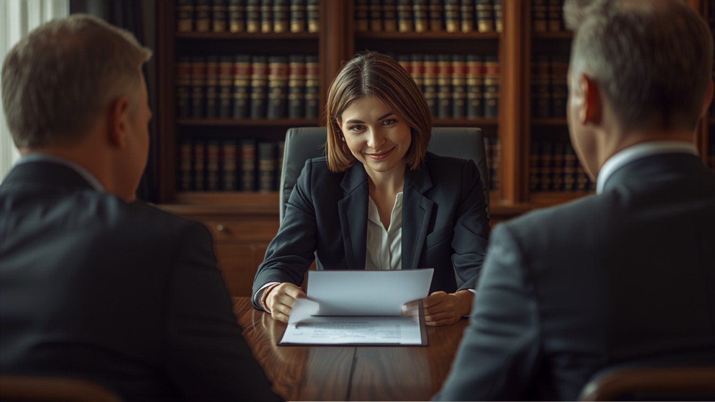 Advogada atendendo um cliente no escritório